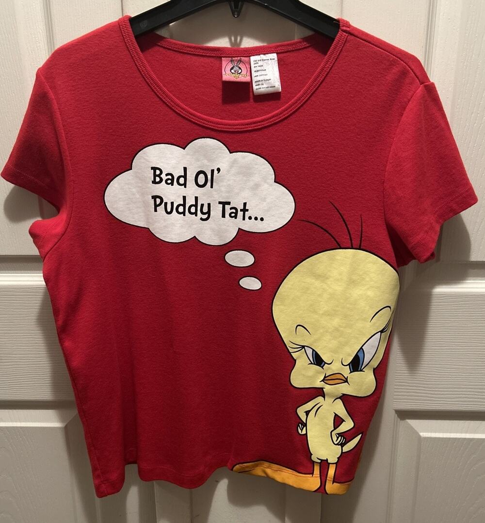 Vintage XL Looney Tunes Tweety Bird Red "Bad Ol’ Puddy Tat" Short Sleeve Tee
